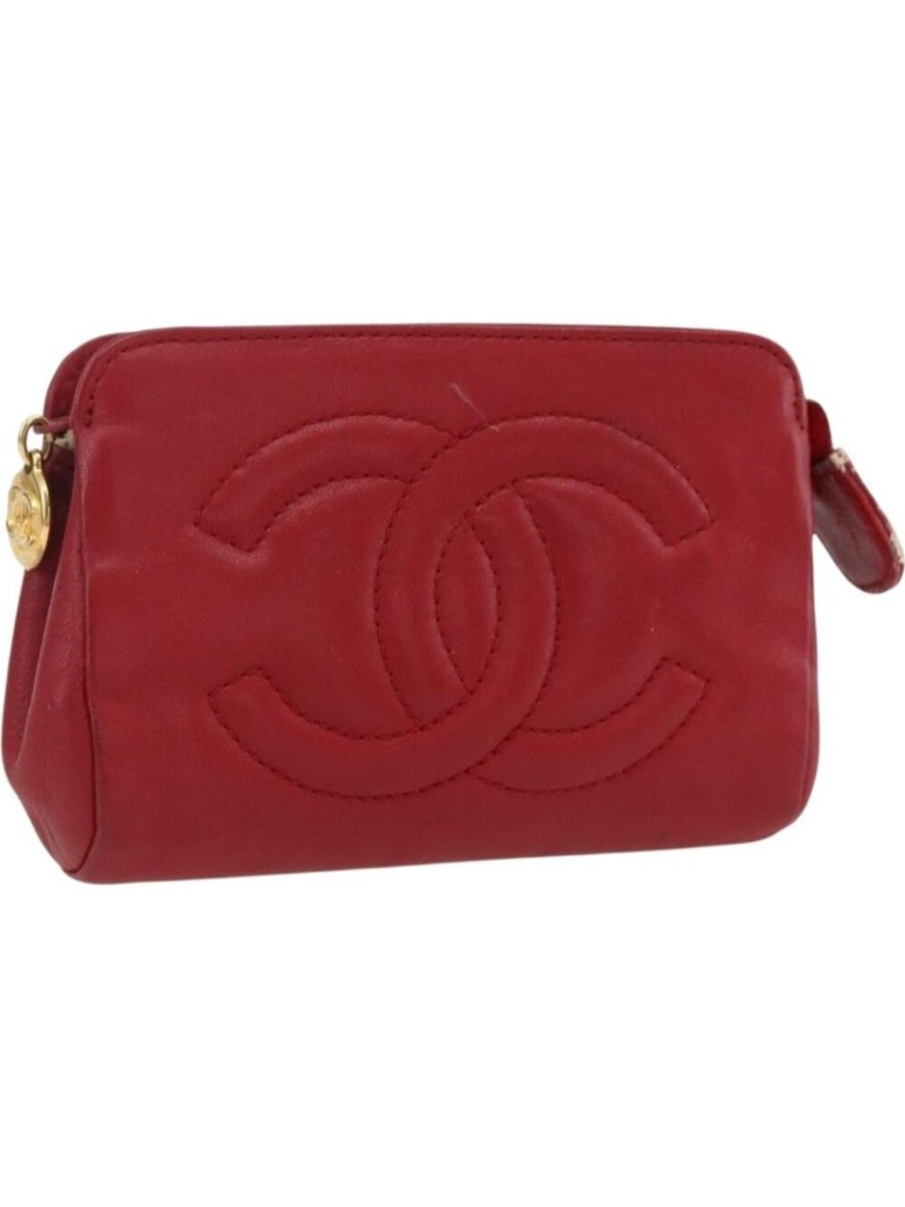 CHANEL Pouch Lamb Skin Red Gold CC
